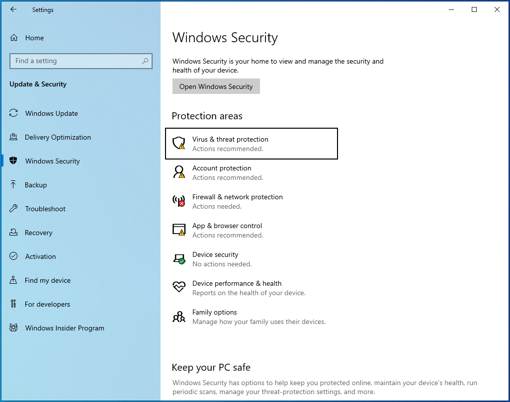 Select Virus & Threat Protection.