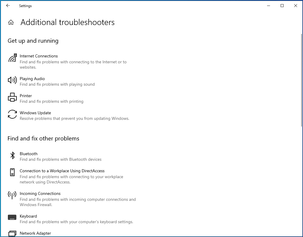 Navigate the Additional troubleshooters section.