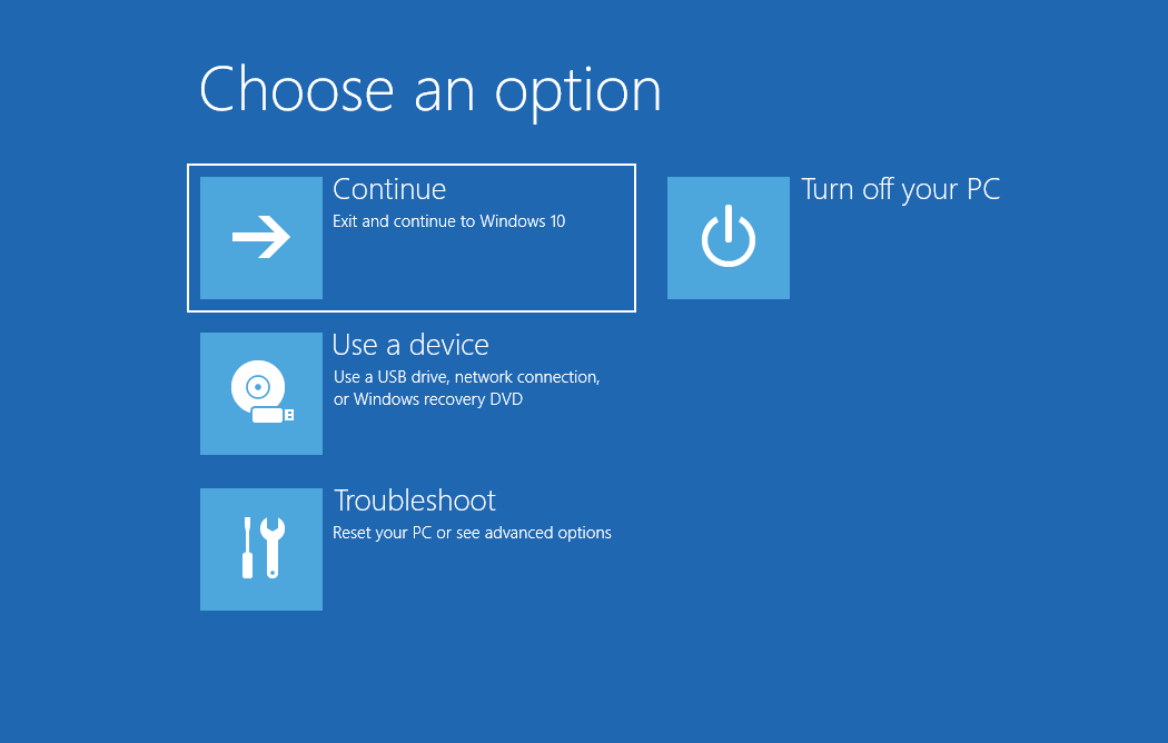 A blue screen containing advanced troubleshooting options will appear.