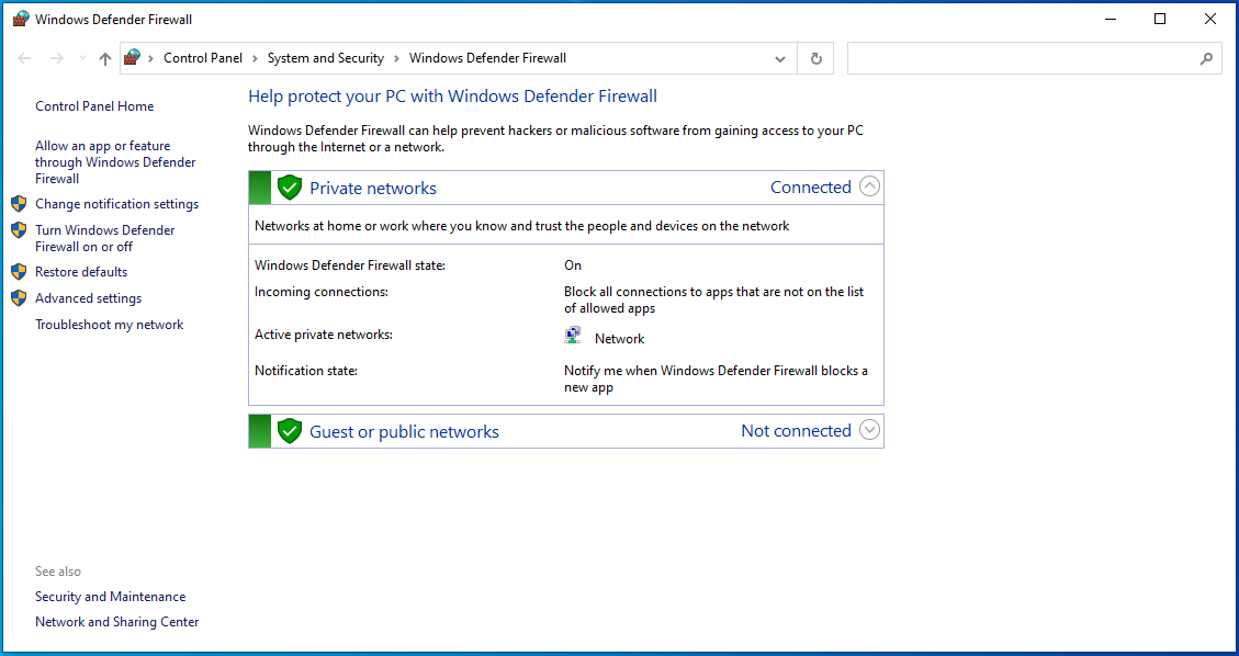 Click on “Allow an app or feature through Windows Defender Firewall”.