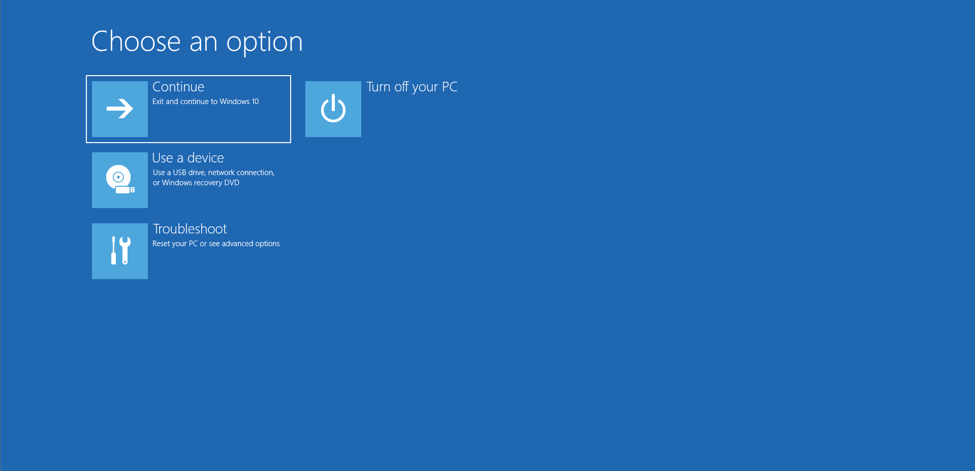 Choose an option screen in Windows recovery page