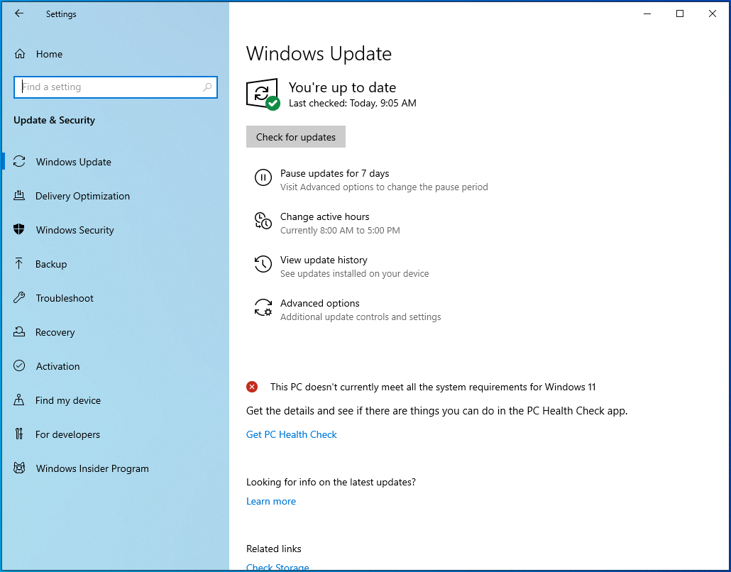 Select “Check for updates” on the right pane.