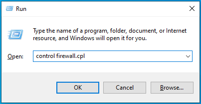 Input “control firewall.cpl” and click OK.