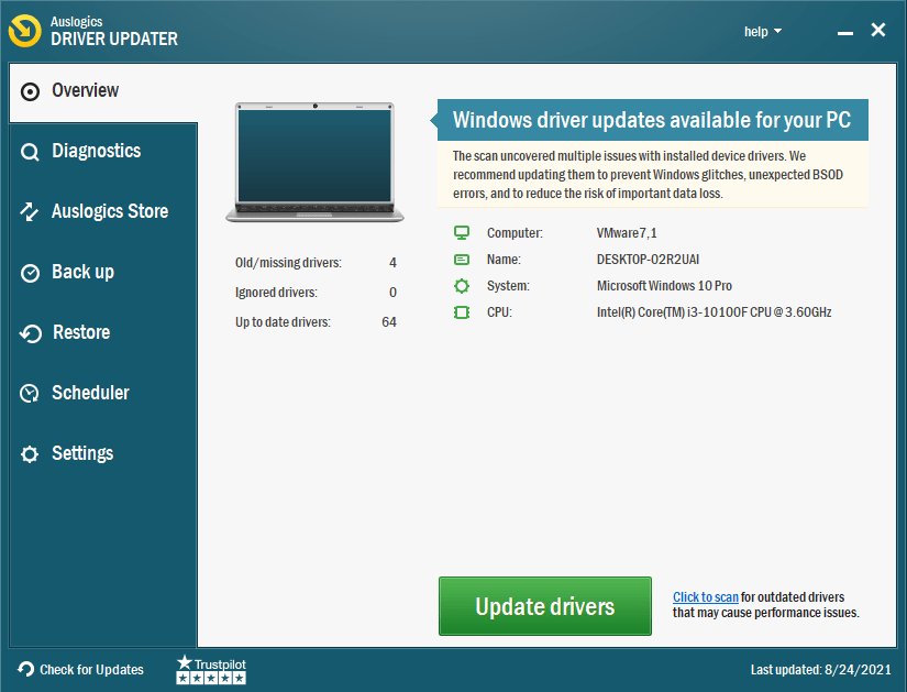 Run Auslogics Driver Updater to update drivers on your PC.