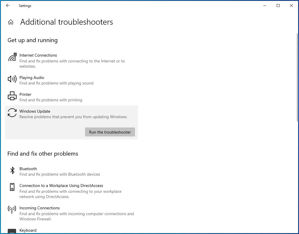 Go to Windows Update and select Run the troubleshooter.