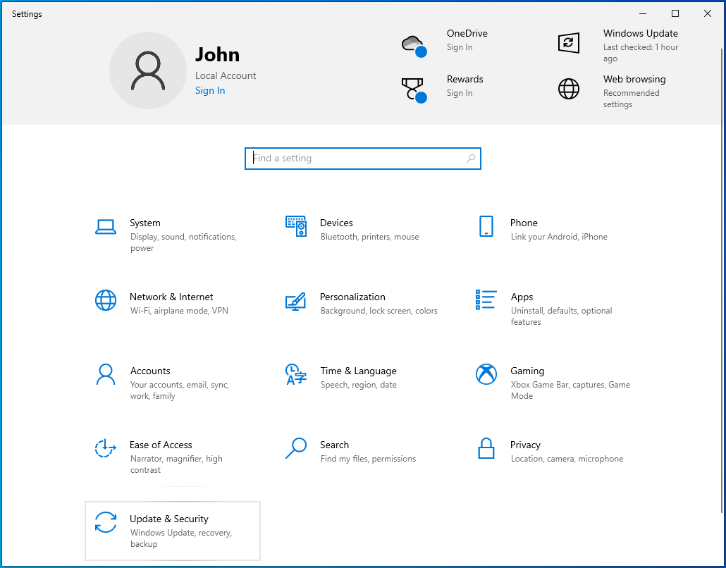 Go to Update & Security.