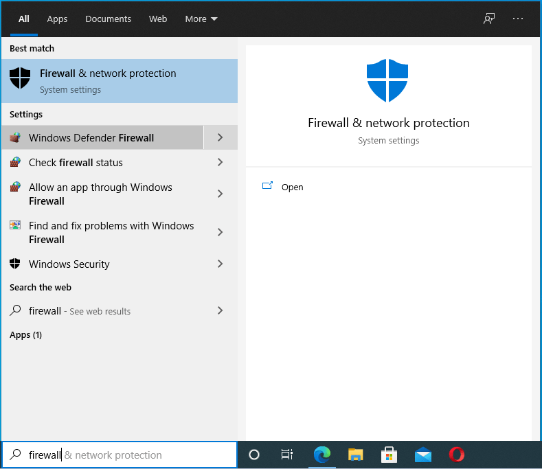 Select Windows Defender Firewall from the search results.