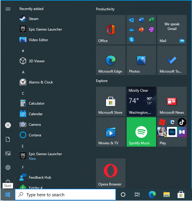 Open the Start menu in Windows 10.