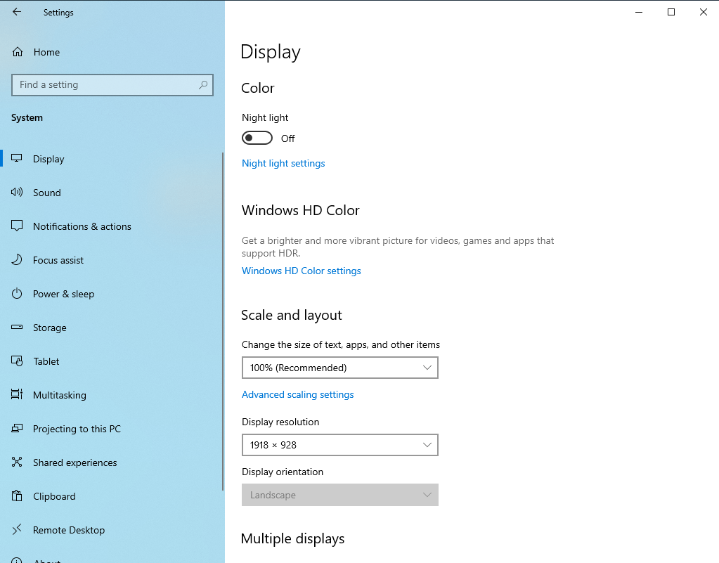 Go to Start>Settings>System>Display resolution.