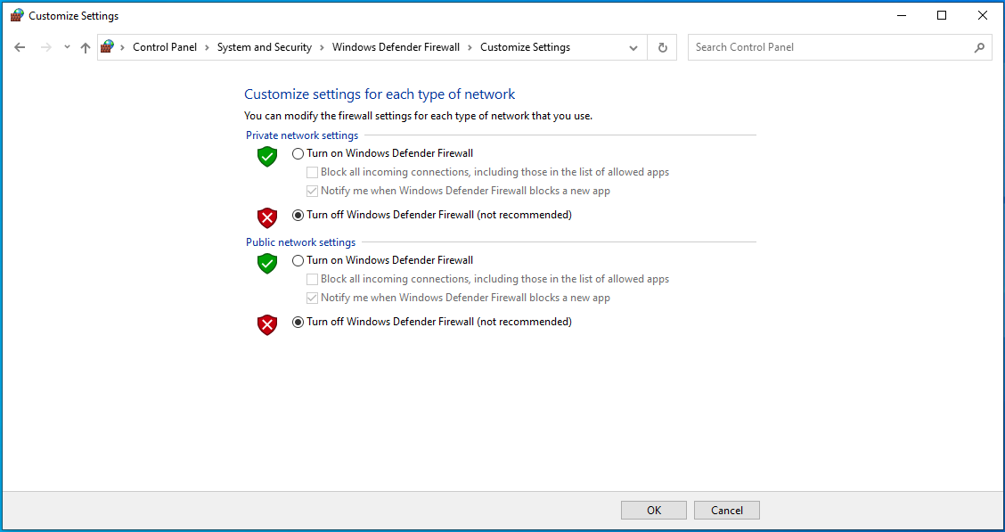 Select “Turn off Windows Defender Firewall (not recommended)” under “Public network settings”.