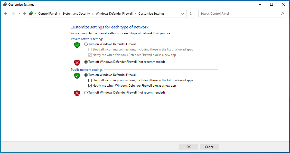 Check “Turn off Windows Defender Firewall (not recommended).”