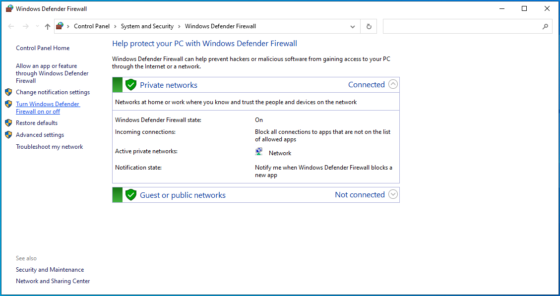 Click “Turn Windows Defender Firewall on or off” on the left pane.