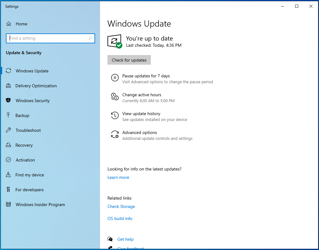 Run Windows Update to check for updates in Windows 10.