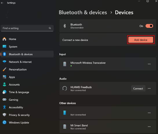 Bluetooth and devices add device