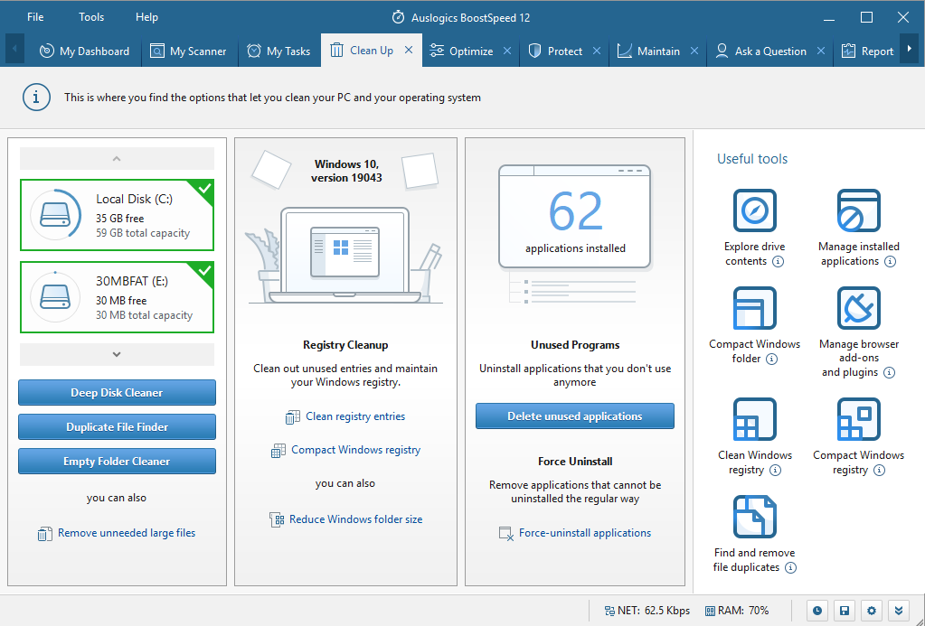 Navigate to the Clean Up tab in Auslogics BoostSpeed.