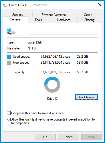 Click Disk Cleanup in the Properties window.