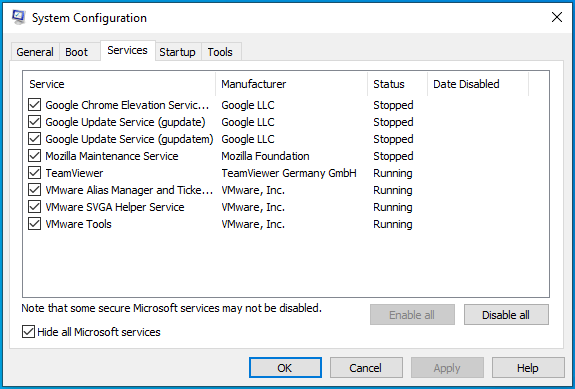 Check the "Hide all Microsoft services" box.