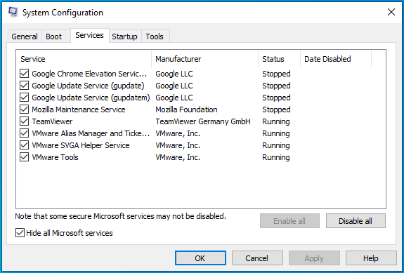 Hide all Microsoft services in System Configuration.