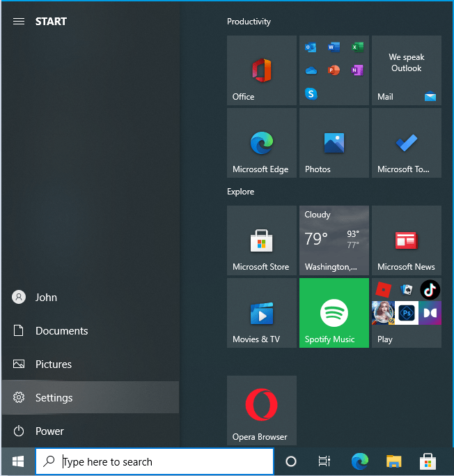 Open the Start menu in Windows 10 and select Settings.