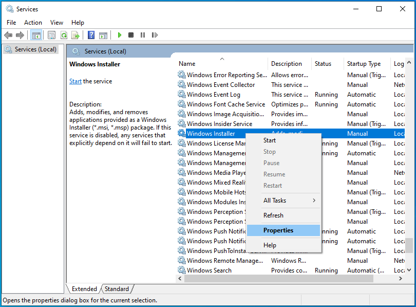 Right-click on Windows Installer and select Properties.
