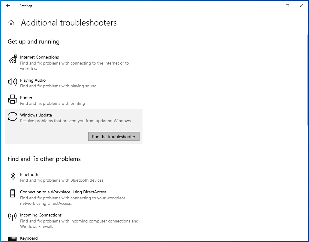 Click "Run the troubleshooter" under Windows Update.
