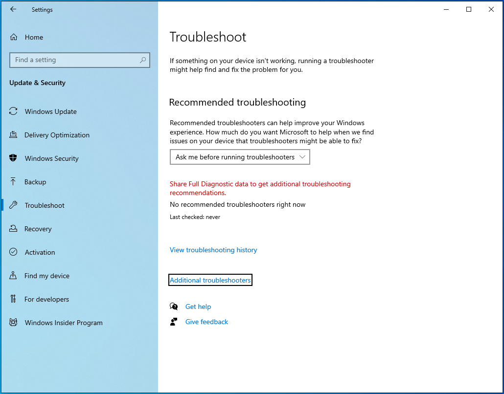 Select "Additional troubleshooters" on the Troubleshoot page.