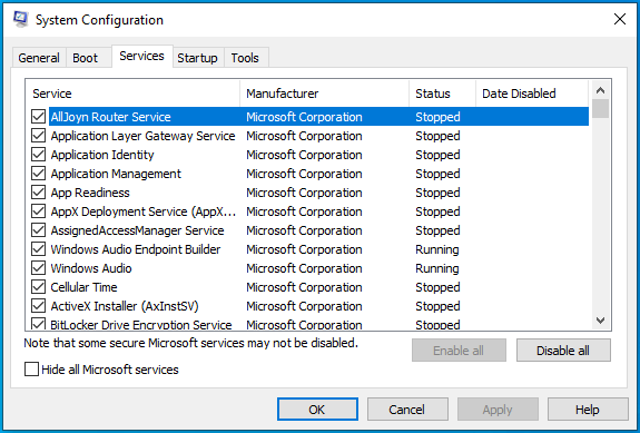 Navigate to the Services tab in System Configuration.
