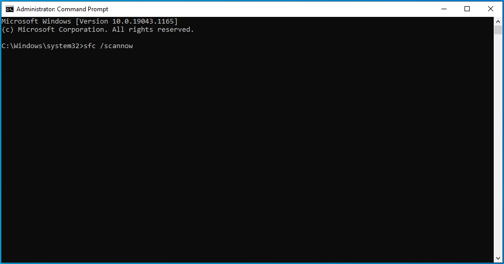 Enter sfc /scannow into the Command Prompt window.