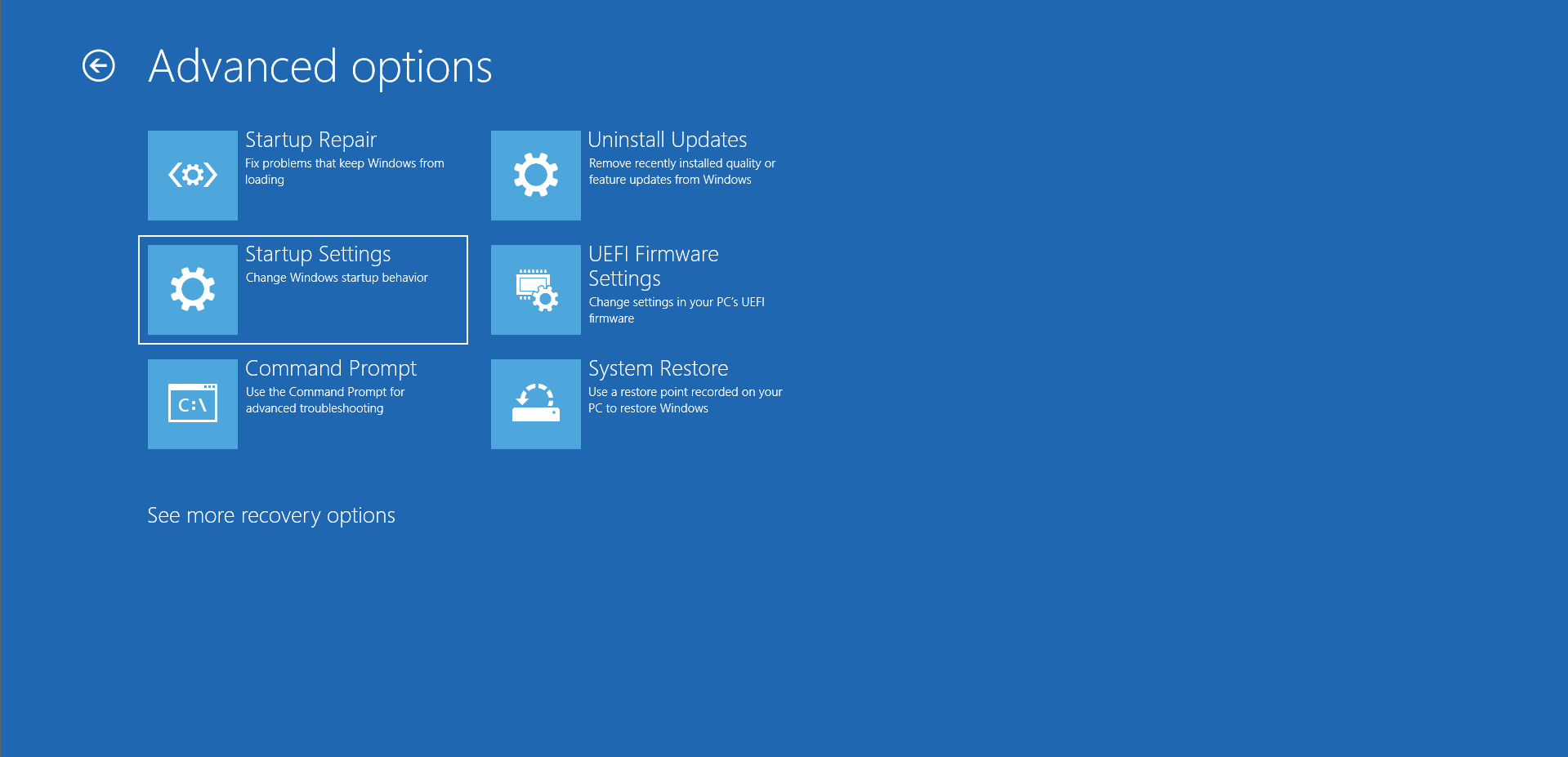 Click on Startup Settings on the Advanced Options screen