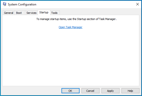 Switch to the Startup tab configuration.