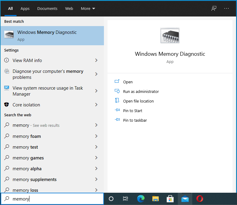 Type "memory" into the Search menu.