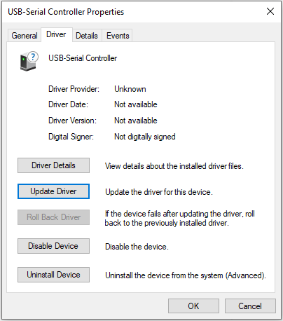 Select Update Driver in Properties.