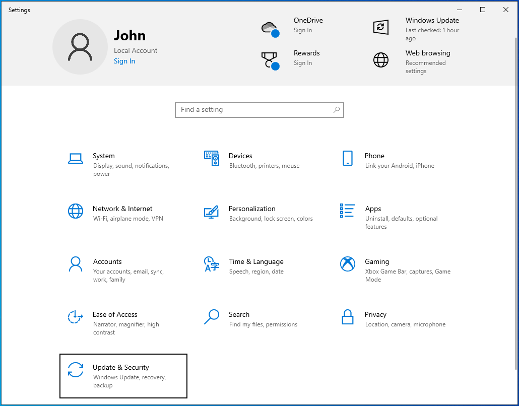 Select Update & Security on the Settings homepage.