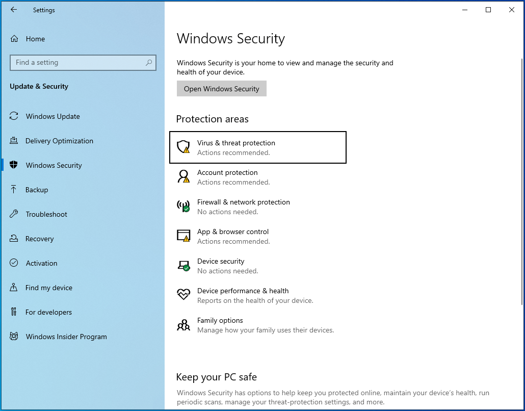 Click "Virus & threat protection" under Windows Security.