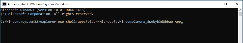 Enter explorer.exe shell:appsFolderMicrosoft.WindowsCamera_8wekyb3d8bbwe!App.