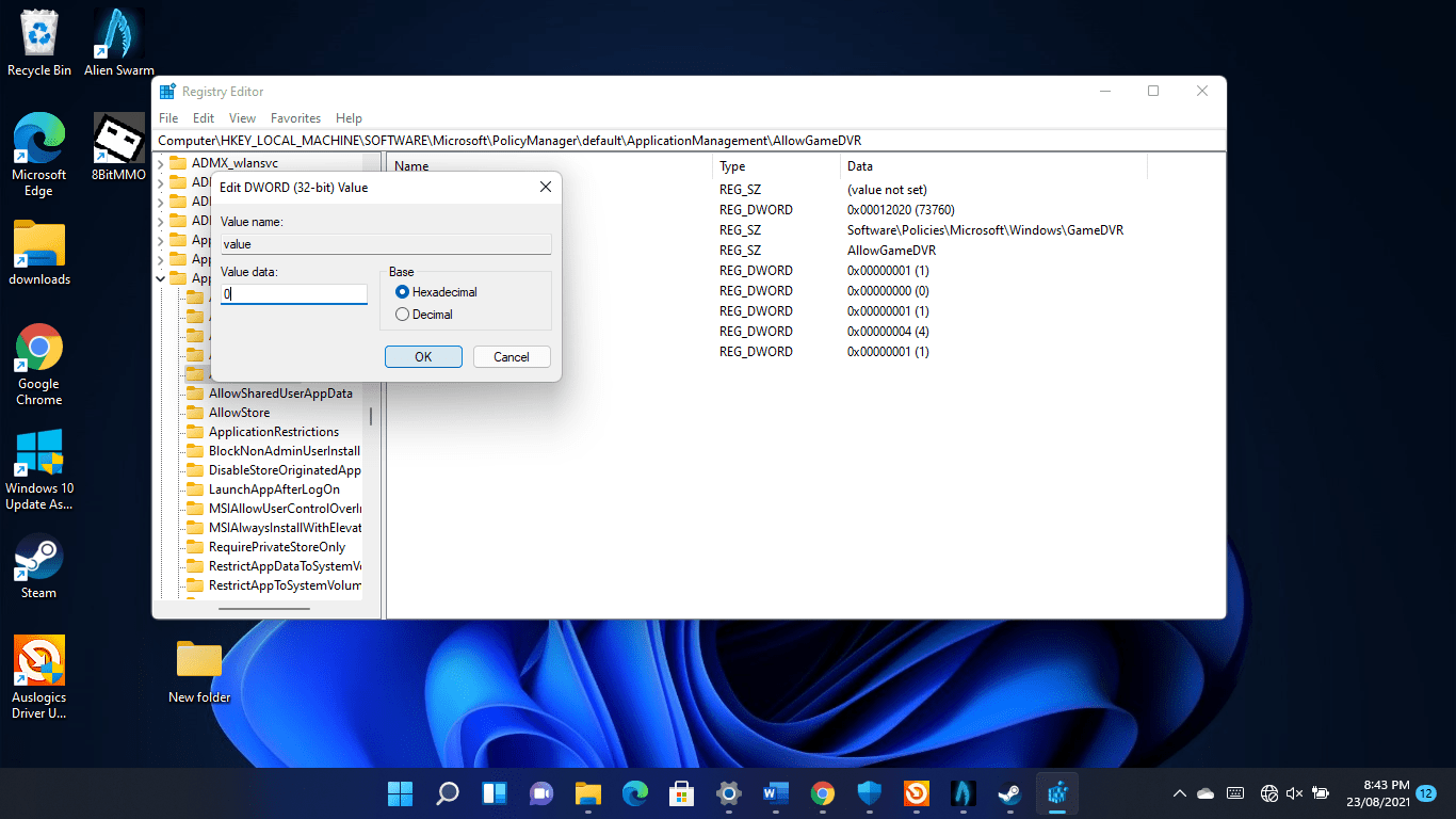 , enter 0 under Value and click OK