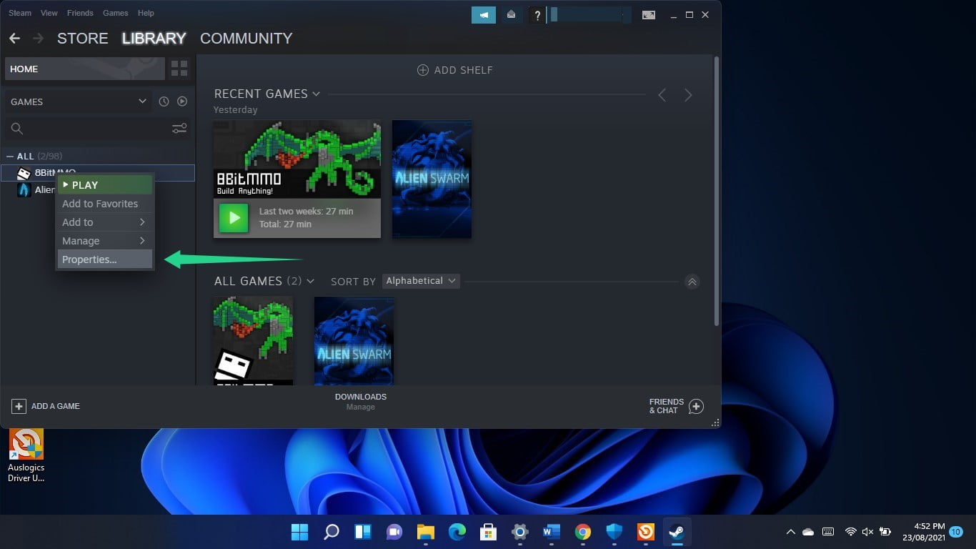How to set a game's properties via Steam on Windows 11?