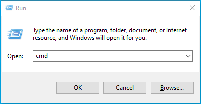 Type the command cmd into the “Run” dialog box.