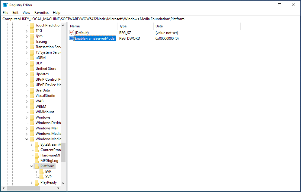 Name the newly created DWORD EnableFrameServerMode.