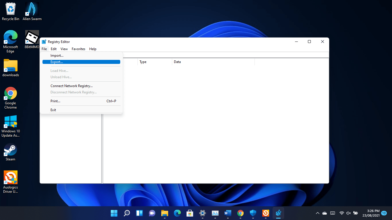 Export from Registry Editor