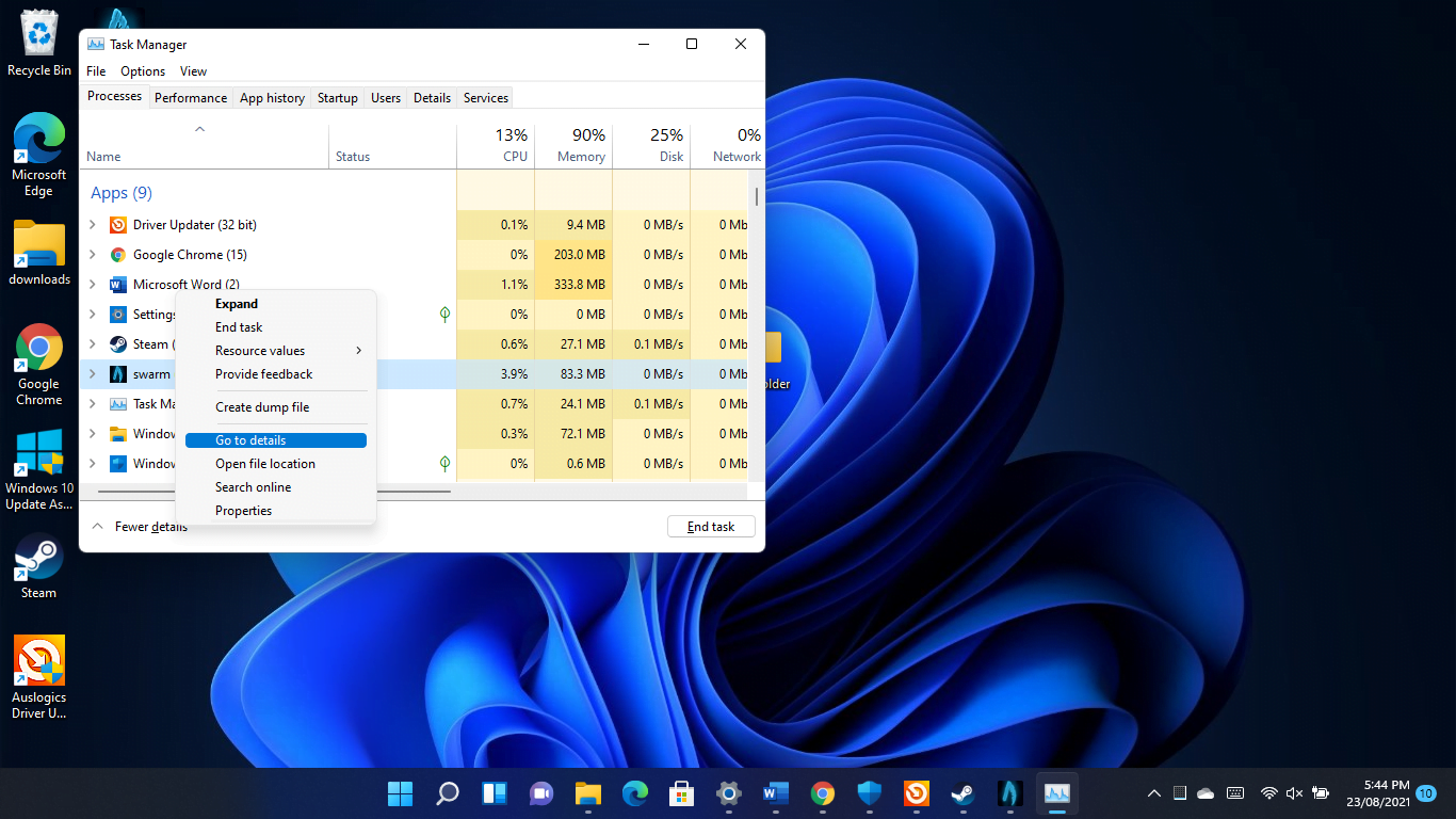 Right-click the game's process and choose Go to Details in the Task Manager's menu