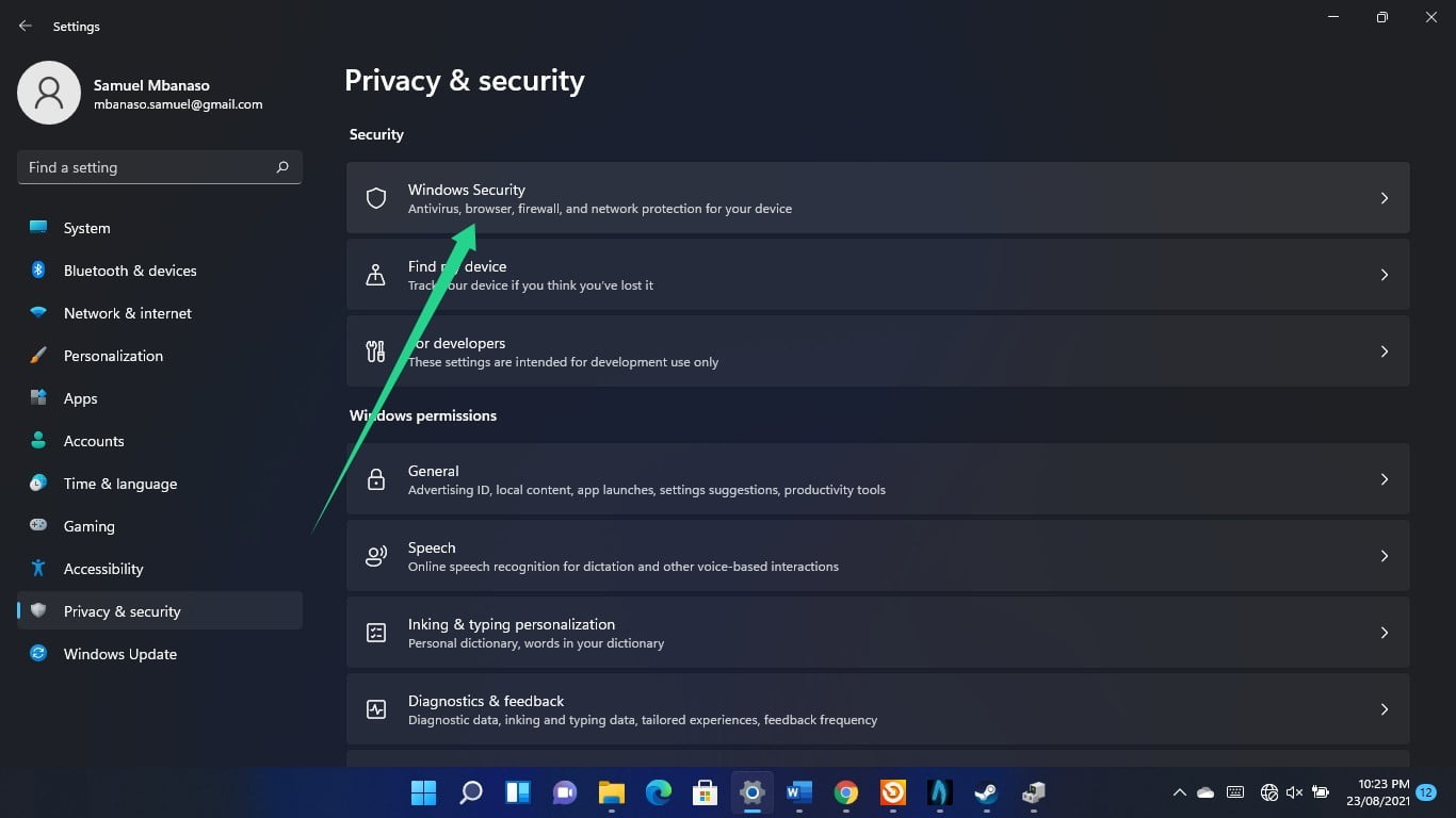 Click on Windows Security on the right side of the window (left pane)