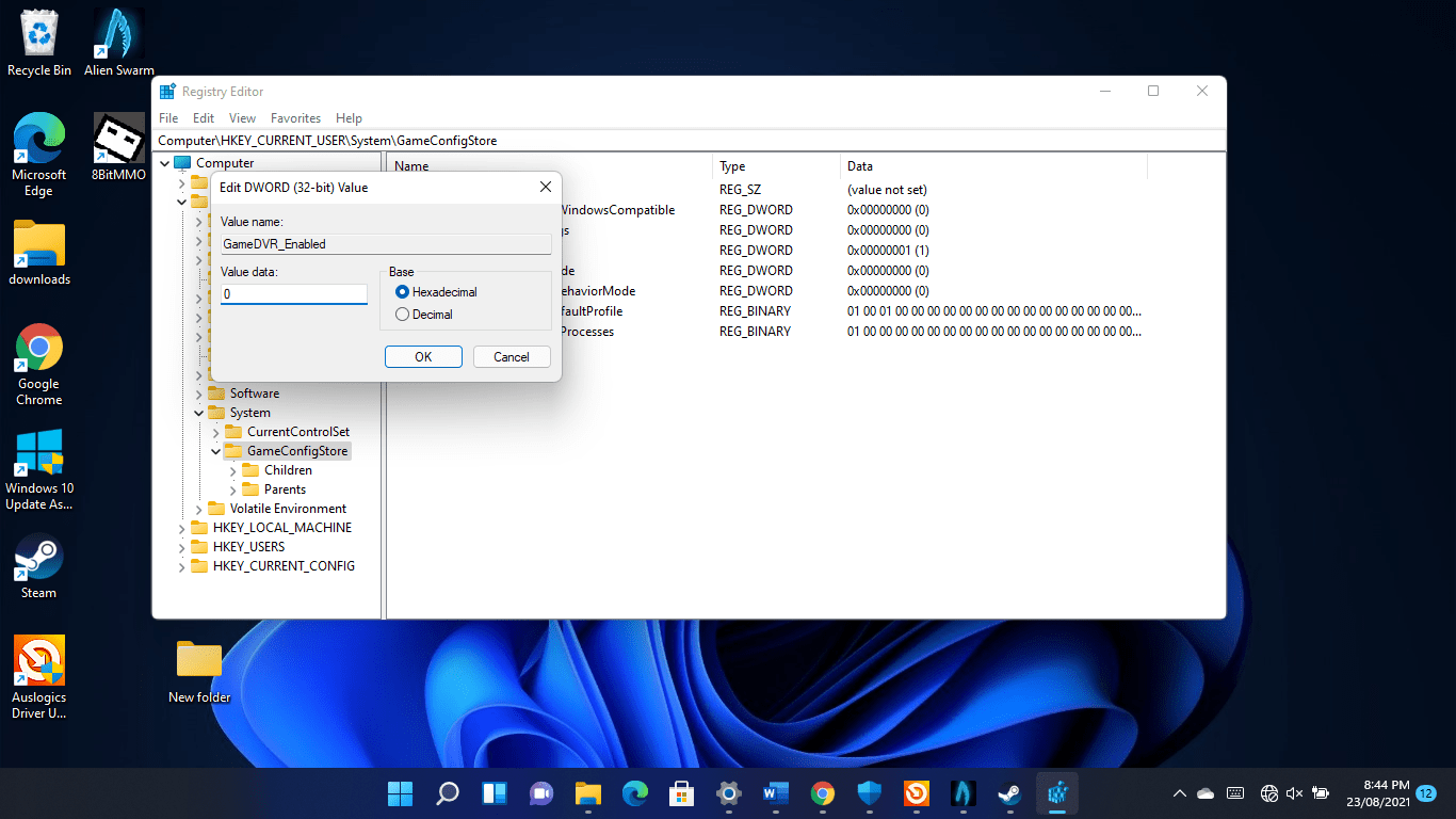 Ensure the base is set to Hexadecimal, enter 0 in the Value Data box and click on the OK button
