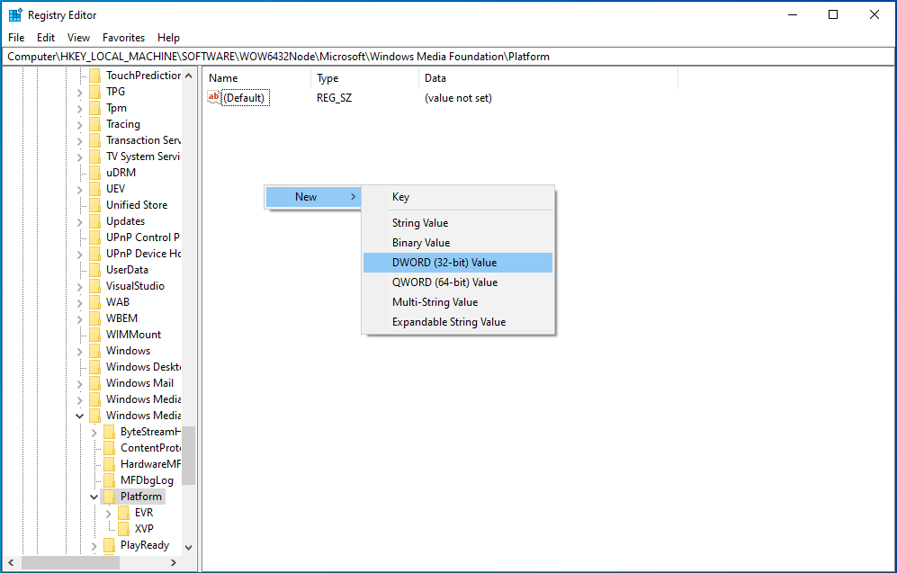 Select New > DWORD > (32-bit) Value.
