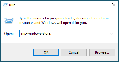 Typing ms-windows-store: into the Run dialog box.