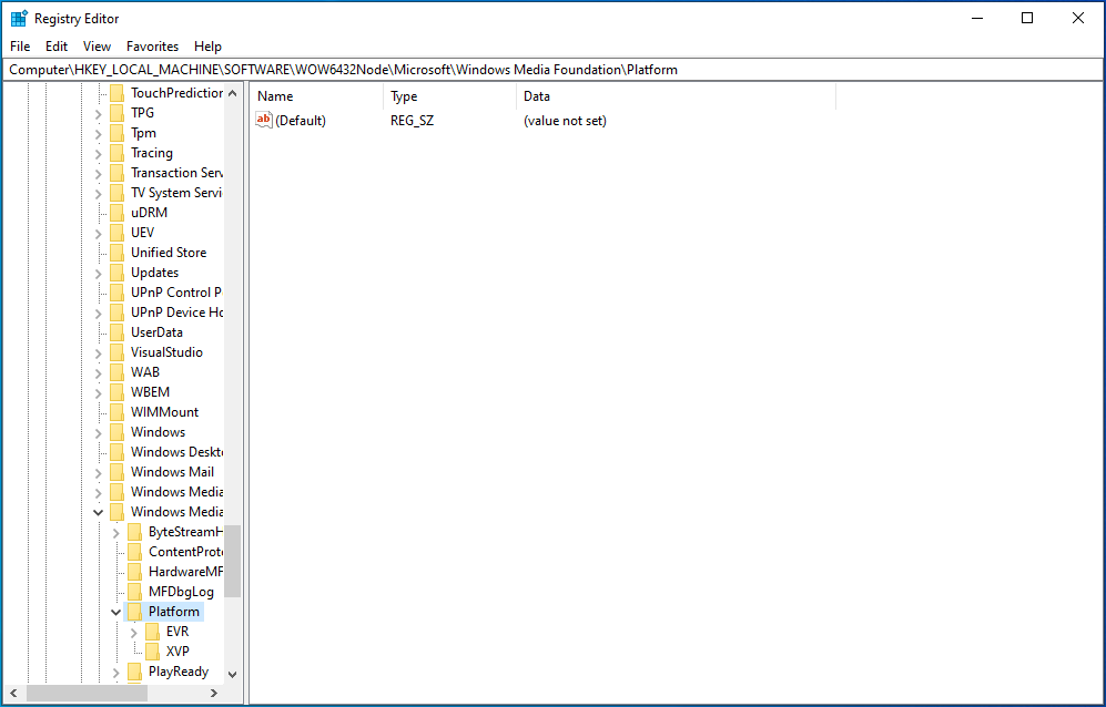 Go to Computer\HKEY_LOCAL_MACHINE\SOFTWARE\WOW6432Node\Microsoft\Windows Media Foundation\Platform.