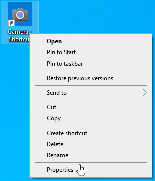 right-click on the Camera shortcut you just created, and select Properties