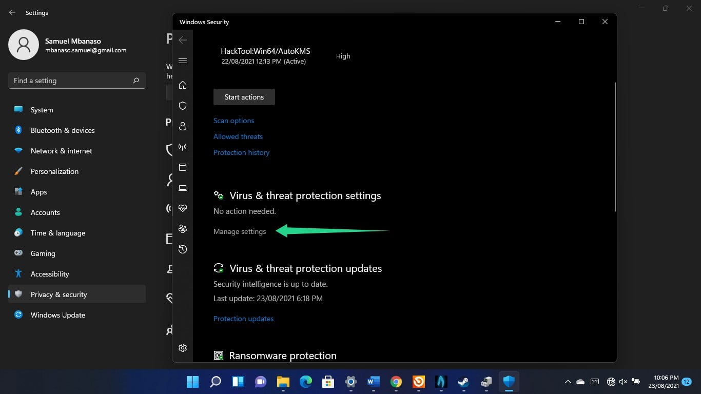 Find the Virus & Threat Protection window on Windows 11