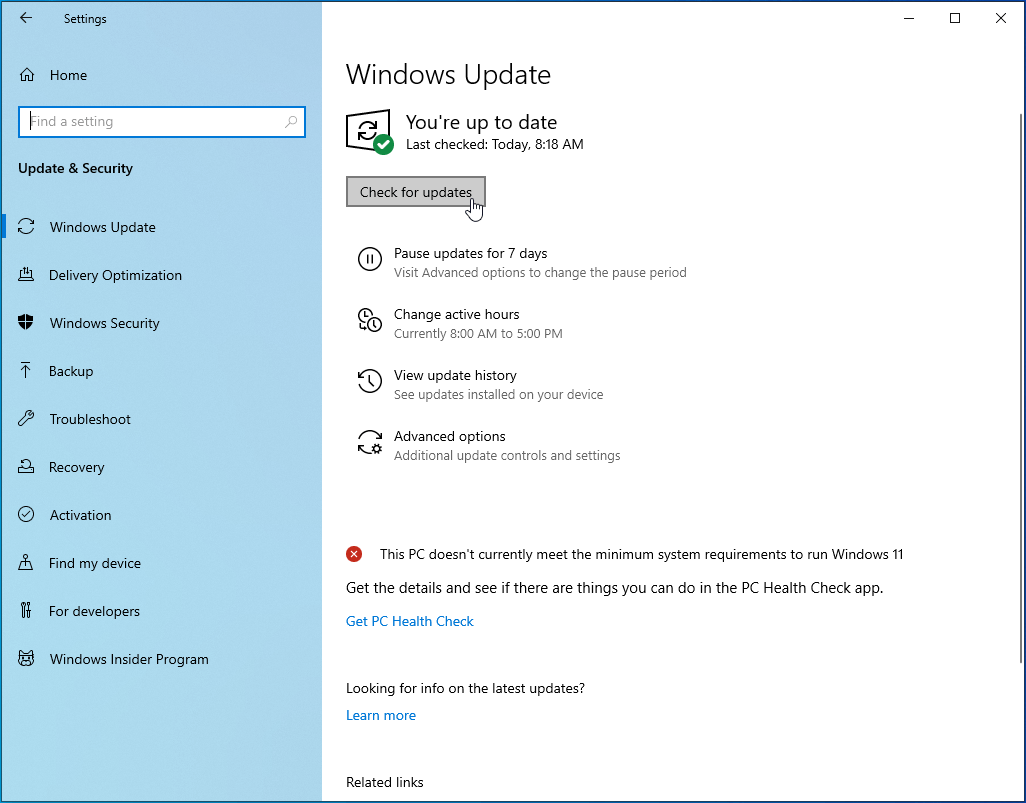 Click the “Check for updates” button.