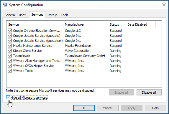 Check Hide all Microsoft services.